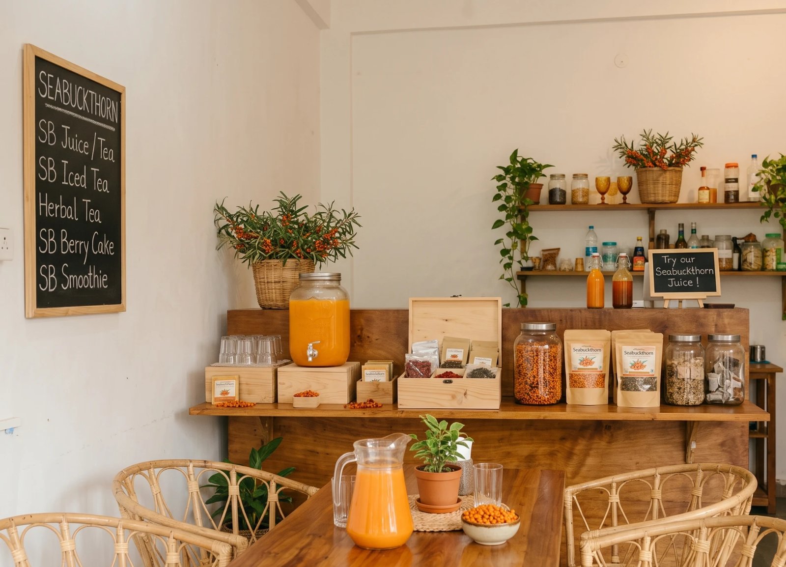 Preview of Cafe Seabuckthorn in Morjim — a seabuckthorn juice bar with orange berries, jars, a juice dispenser and cane chairs